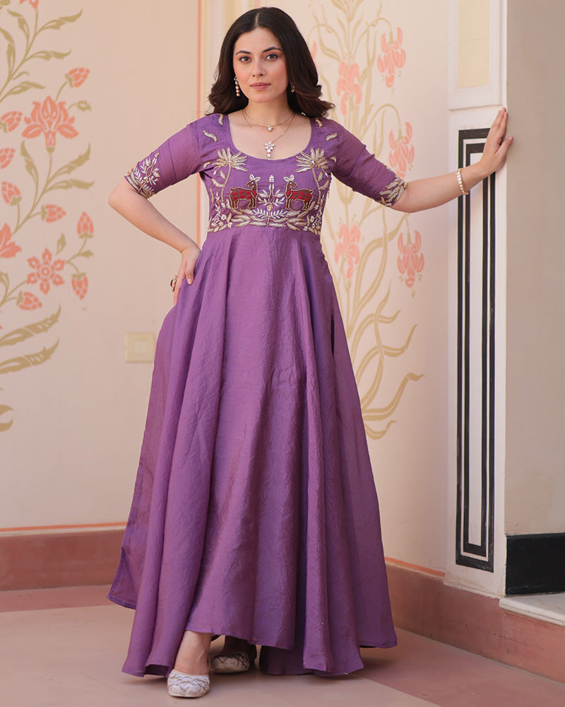 Lavender Color Gold Crush Embroidered Work Gown