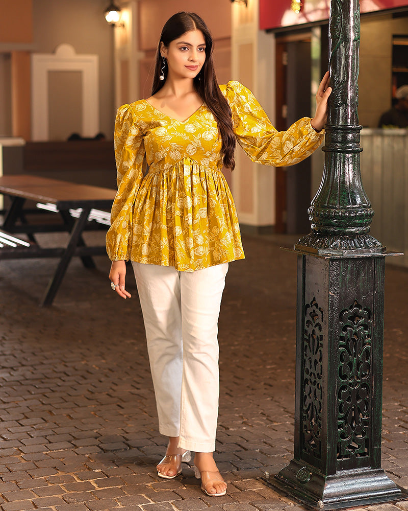 Yellow Color Pure Cotton Floral Printed Tunic
