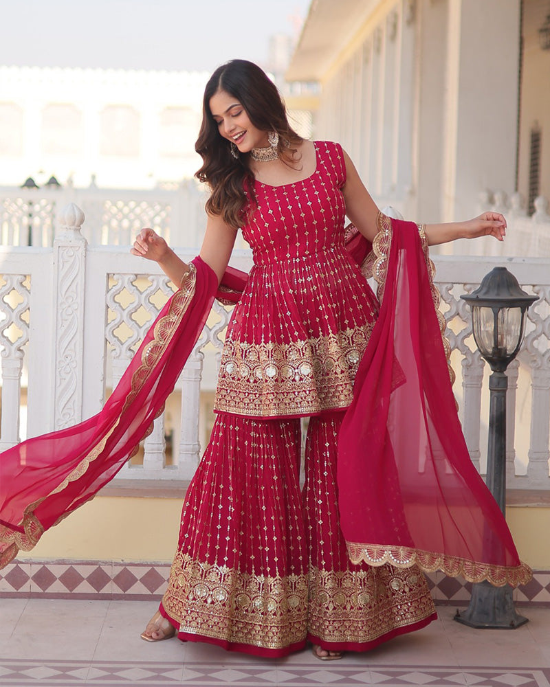 Designer Rani Pink Color Three Piece Gharara Suit