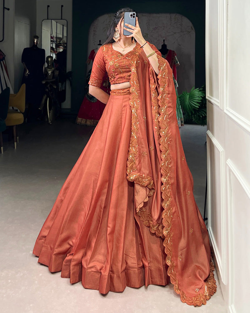 Rust Orange Color Korean Tussar Silk Lehenga Choli