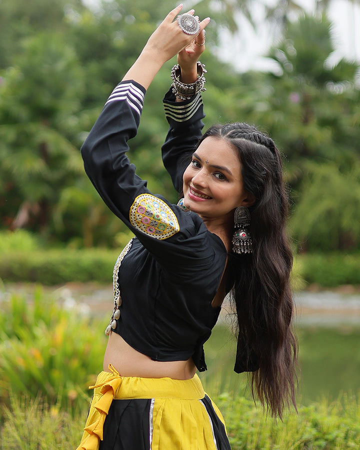 Yellow And Black Color Rayon And Cotton Navratri Lehenga Choli