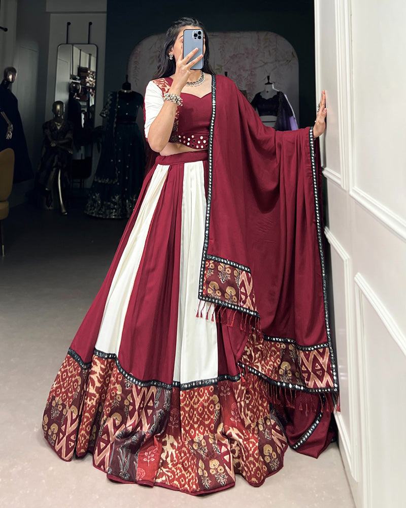White And Maroon Color Rayon Navratri Lehenga Choli