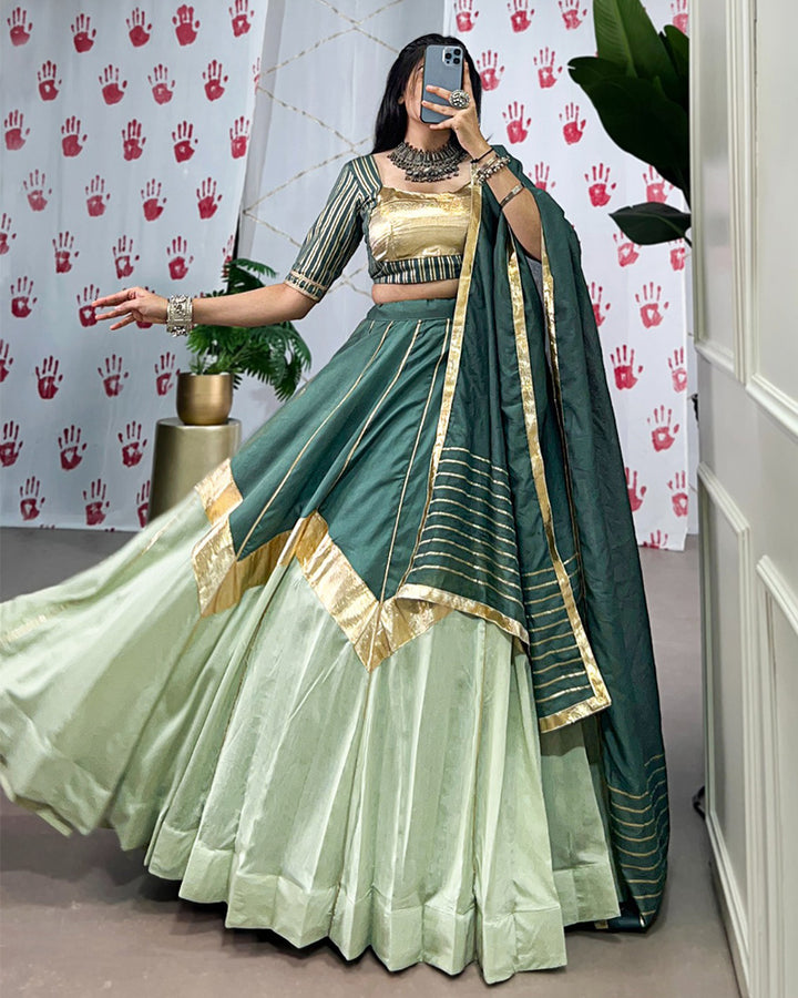 Pista Green Color Pure Chanderi Navratri Lehenga Choli