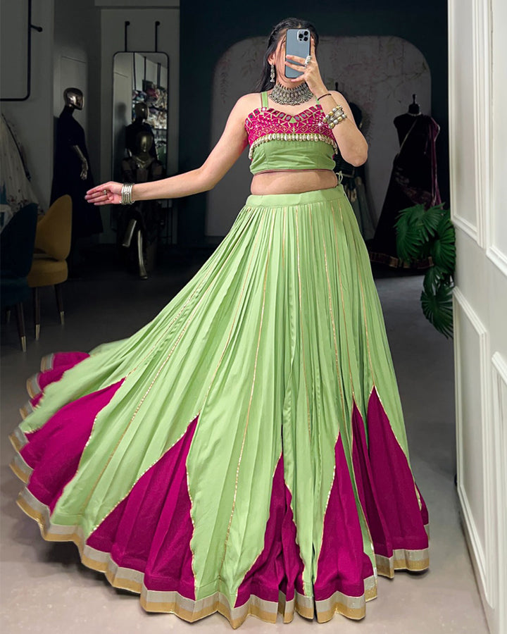 Designer Parrot Green & Magenta Mirror Work Lehenga Choli