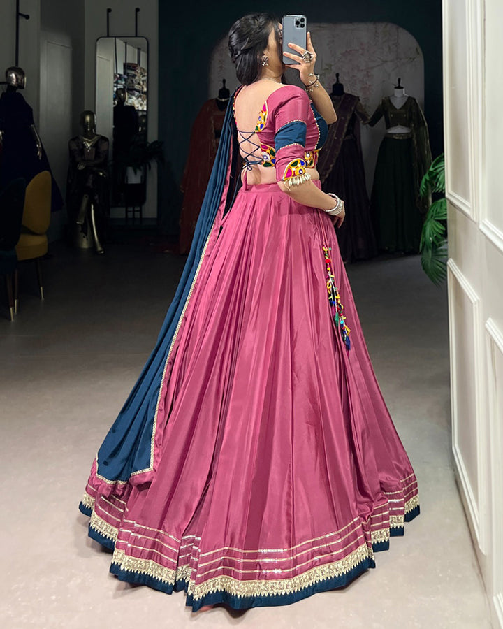 Graceful Pink And Navy Blue Silk Crape Lehenga Choli With Elegant Dupatta