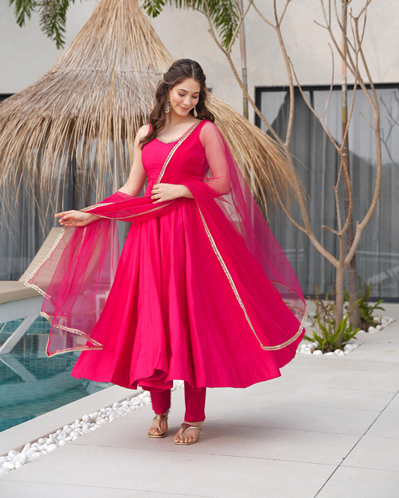 Rani Pink Color Chanderi Pure Roman Silk Anarkali Suit