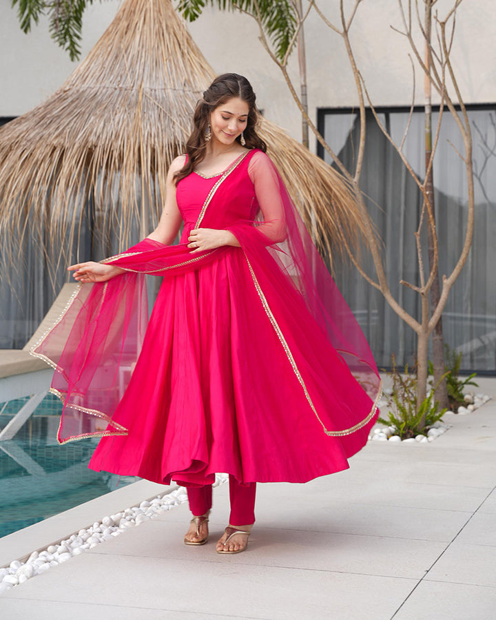 Rani Pink Color Chanderi Pure Roman Silk Anarkali Suit