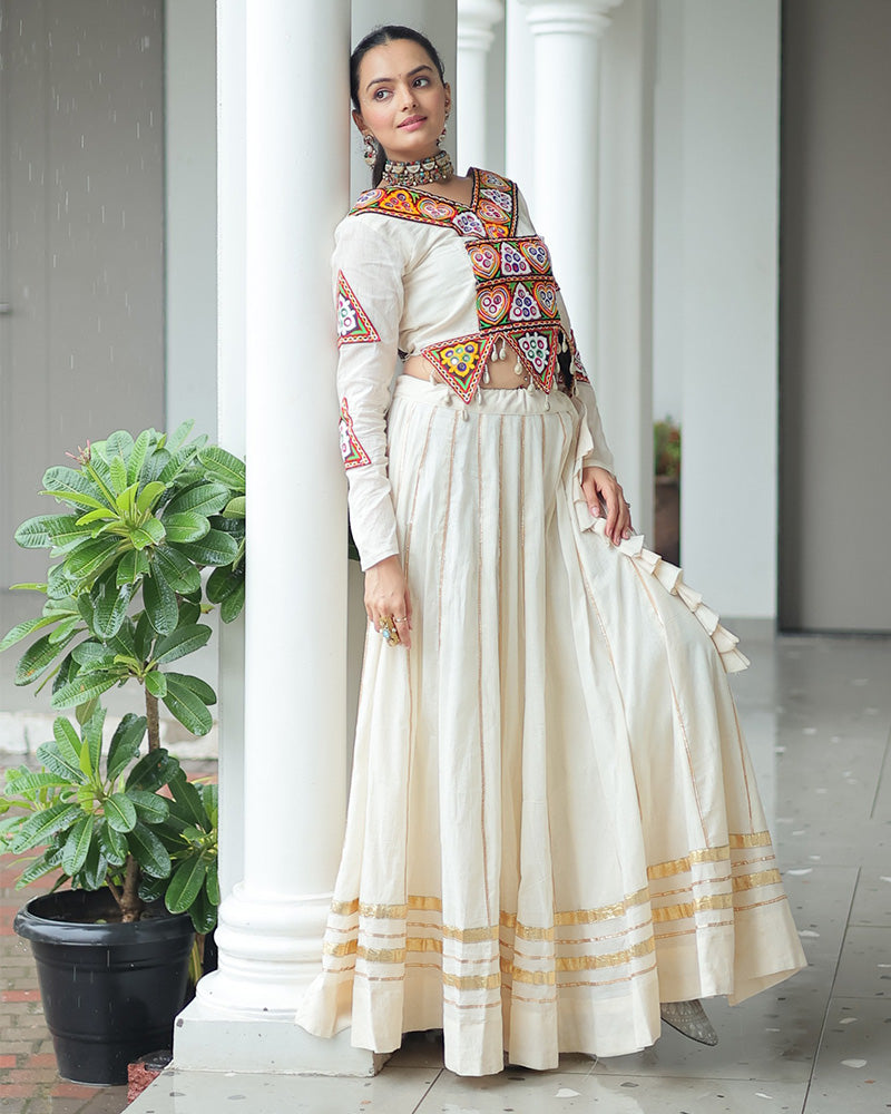 Elegant Off-White Kora Cotton Mirror Work Navratri Lehenga Choli