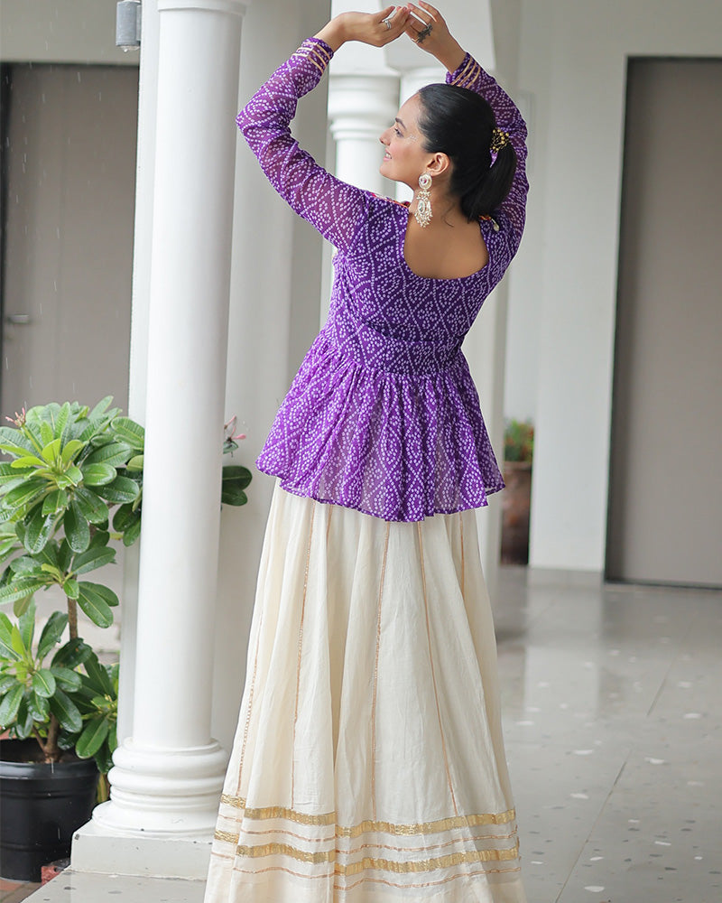 Purple Bandhani Style Peplum Choli With Kora Cotton Lehenga