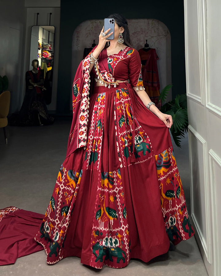 Off-White Color Rayon Silk Printed Fully Stitched Navratri Lehenga Choli