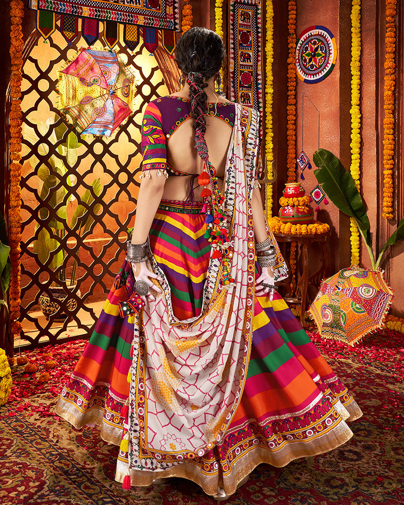 Vibrant Striped Maslin Cotton Rainbow Navratri Chaniya Choli