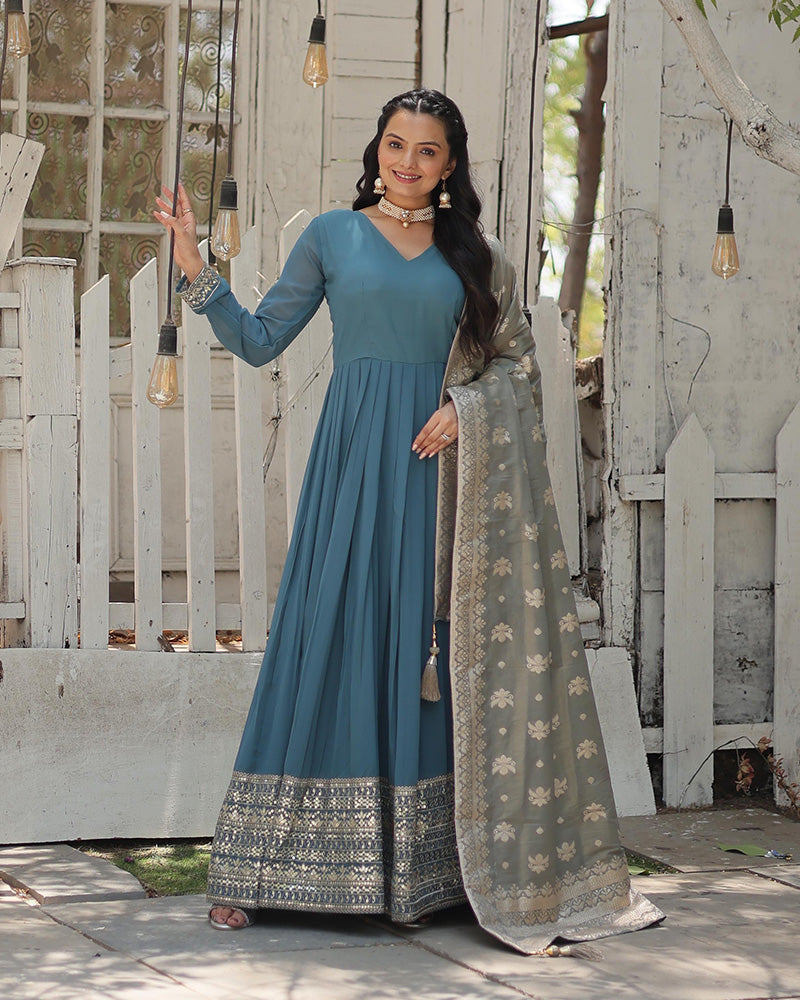Designer Sky Blue Color Faux Georgette Embroidered Gown
