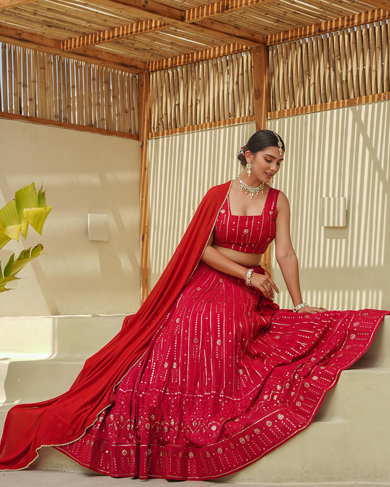 Tomato Red Color Lucknowi Style Embroidered Soft Georgette Lehenga Choli