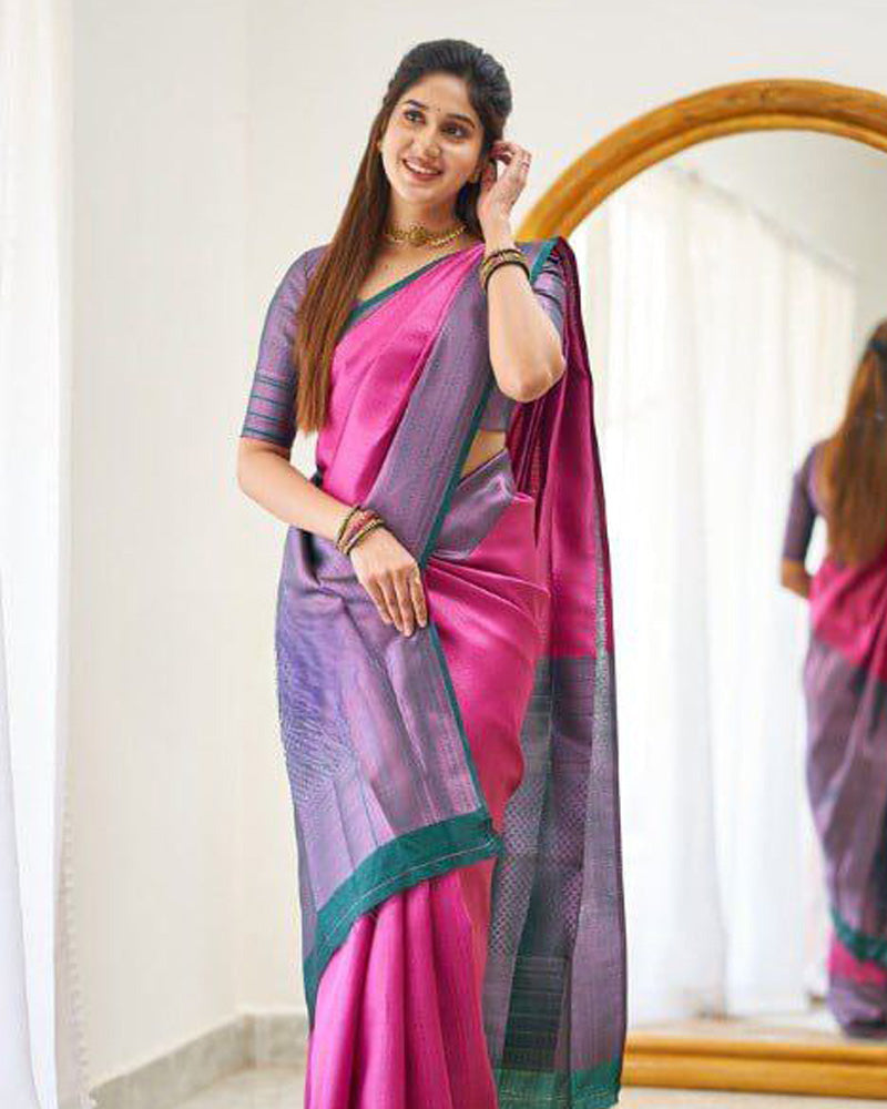 Pink Soft Banarasi Silk Saree With Exclusive Jacquard Border