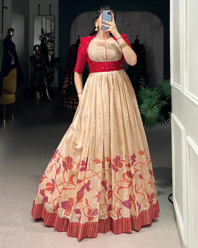 Maroon Color Green Silk Printed Gown With koti