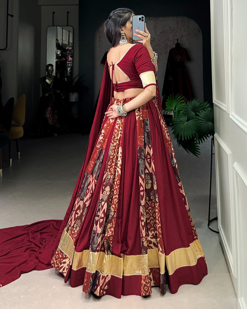 Maroon Color Rayon And Tussar Silk Navratri Lehenga Choli