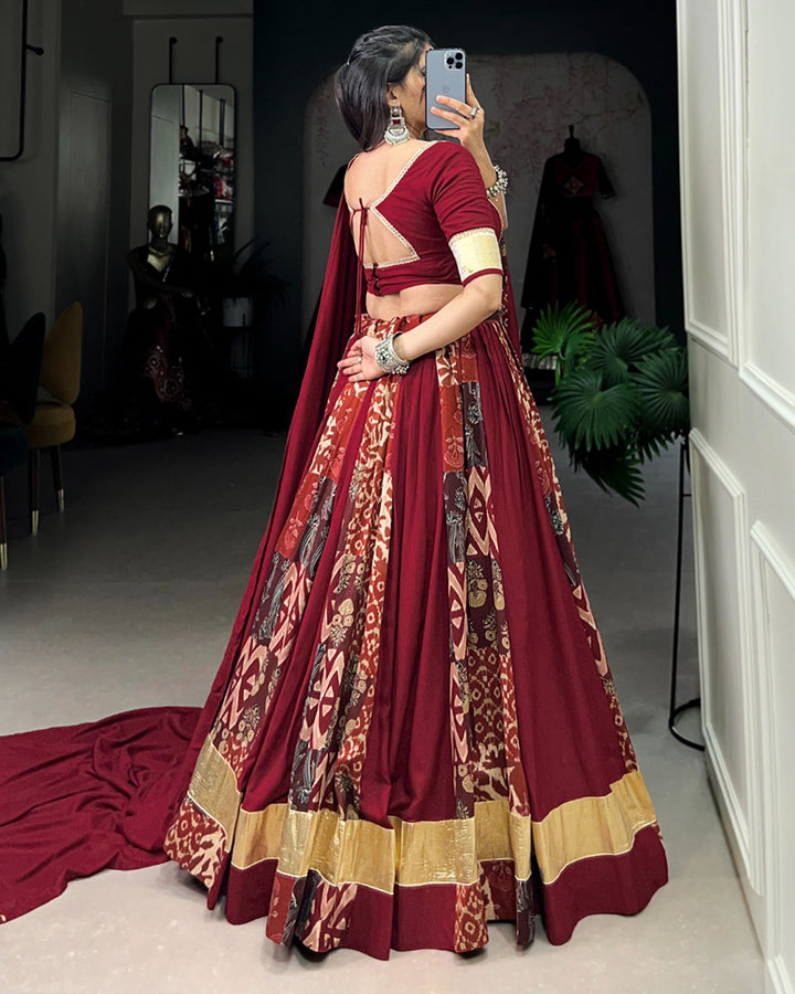 Maroon Color Rayon And Tussar Silk Navratri Lehenga Choli