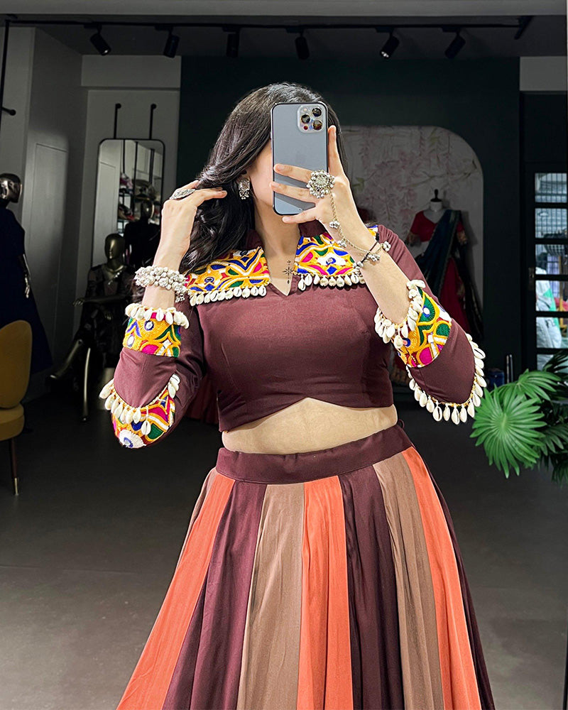 Multi Brown Color Pure Rayon Navratri Lehenga Choli