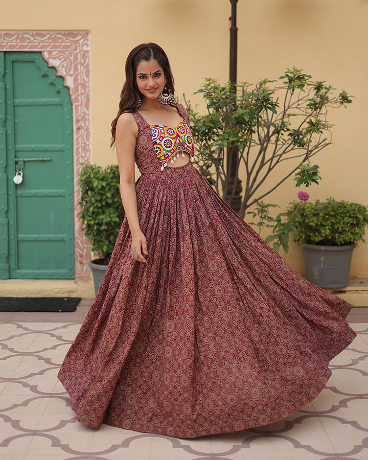 Maroon Color Cotton Printed Navratri Gown