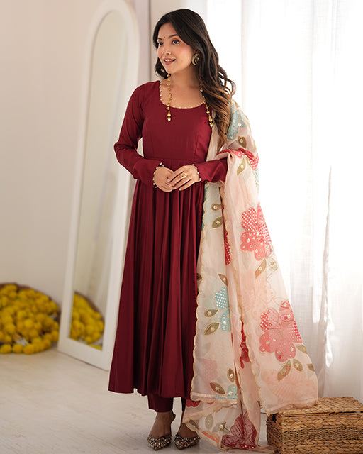 Maroon Roman Silk Three Piece Anarkali Suit