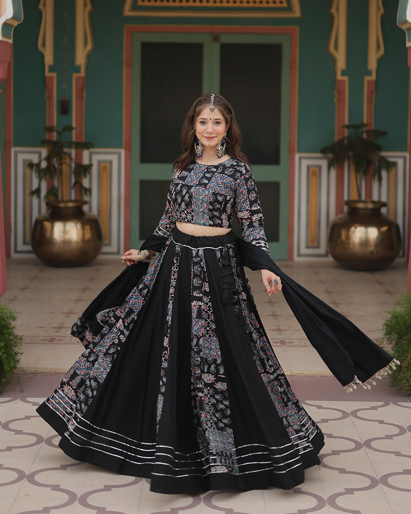 Black Color Rayon Printed Navratri Lehenga Choli