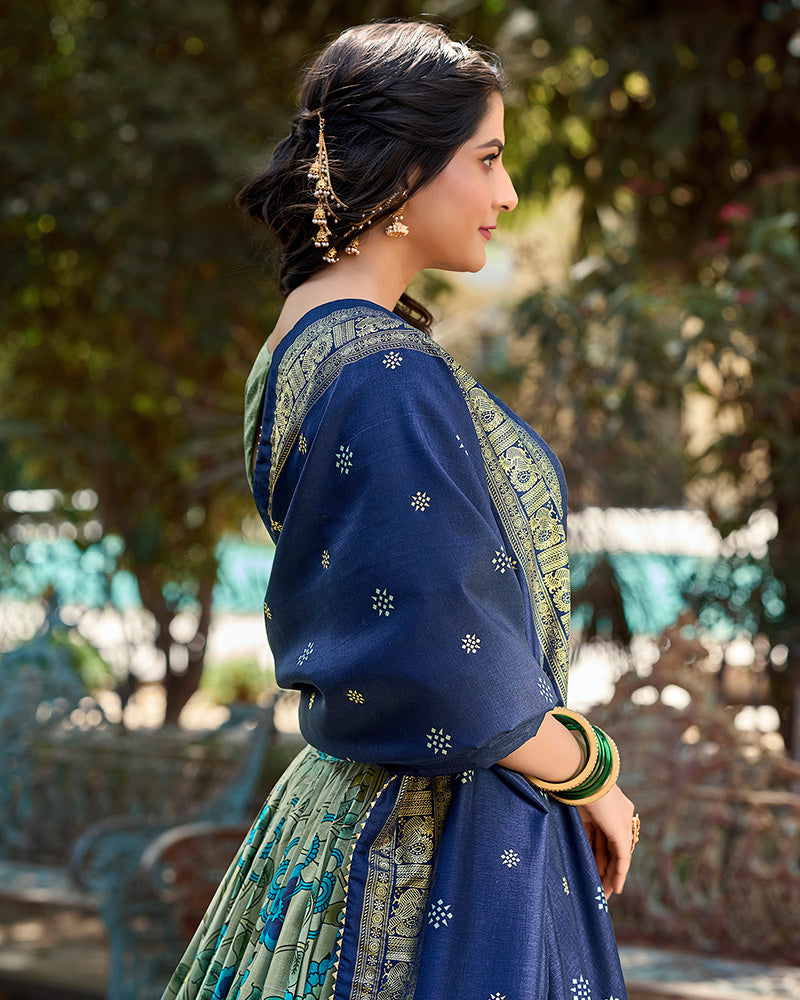 Sea Green Color Tussar Silk Kalamkari Printed Navratri Lehenga Choli