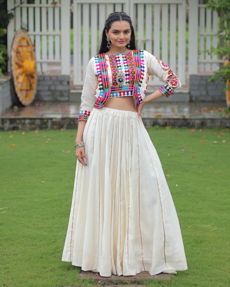 Elegant Off-White Mirror Work Navratri Lehenga With Jacket Style Blouse