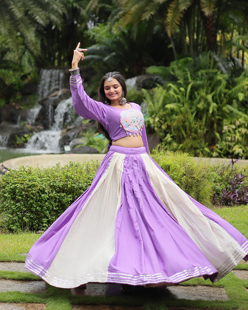White And Lavender Color Rayon And Cotton Navratri Lehenga Choli