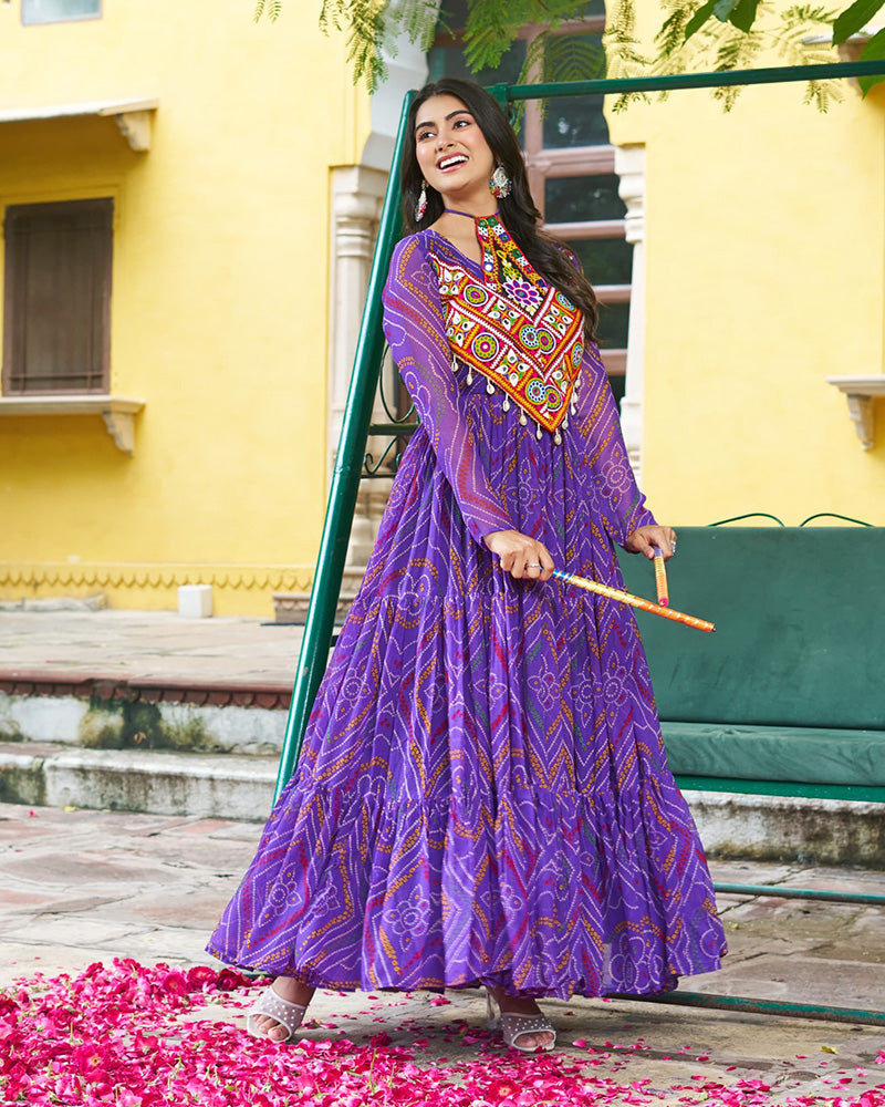 Festive Purple Ethnic Gown With Colorful Mirror Work