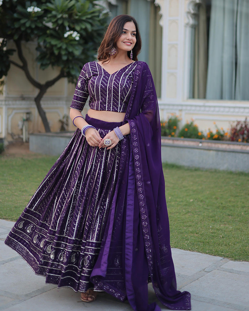 Designer Wine Color Faux Blooming Semi stitched Lehenga Choli