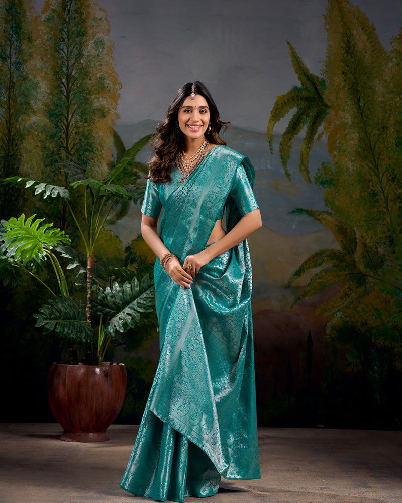 Firozi Color Kanjivaram Saree With Zari Work