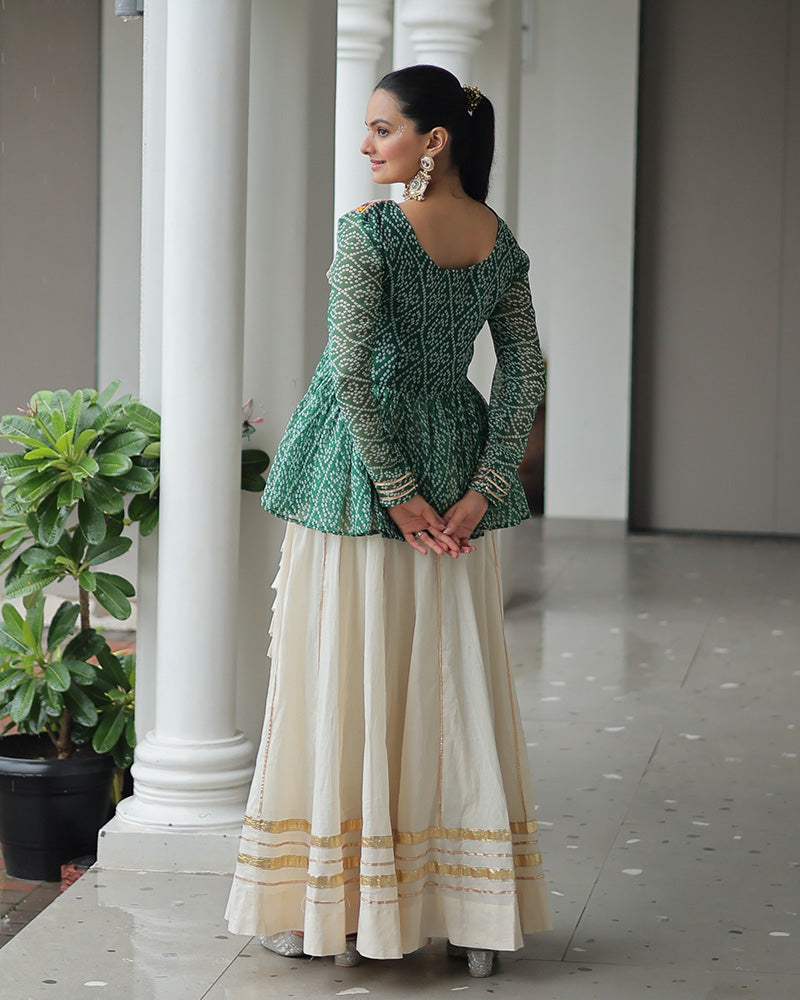 Green Bandhani Style Peplum Choli With Kora Cotton Lehenga