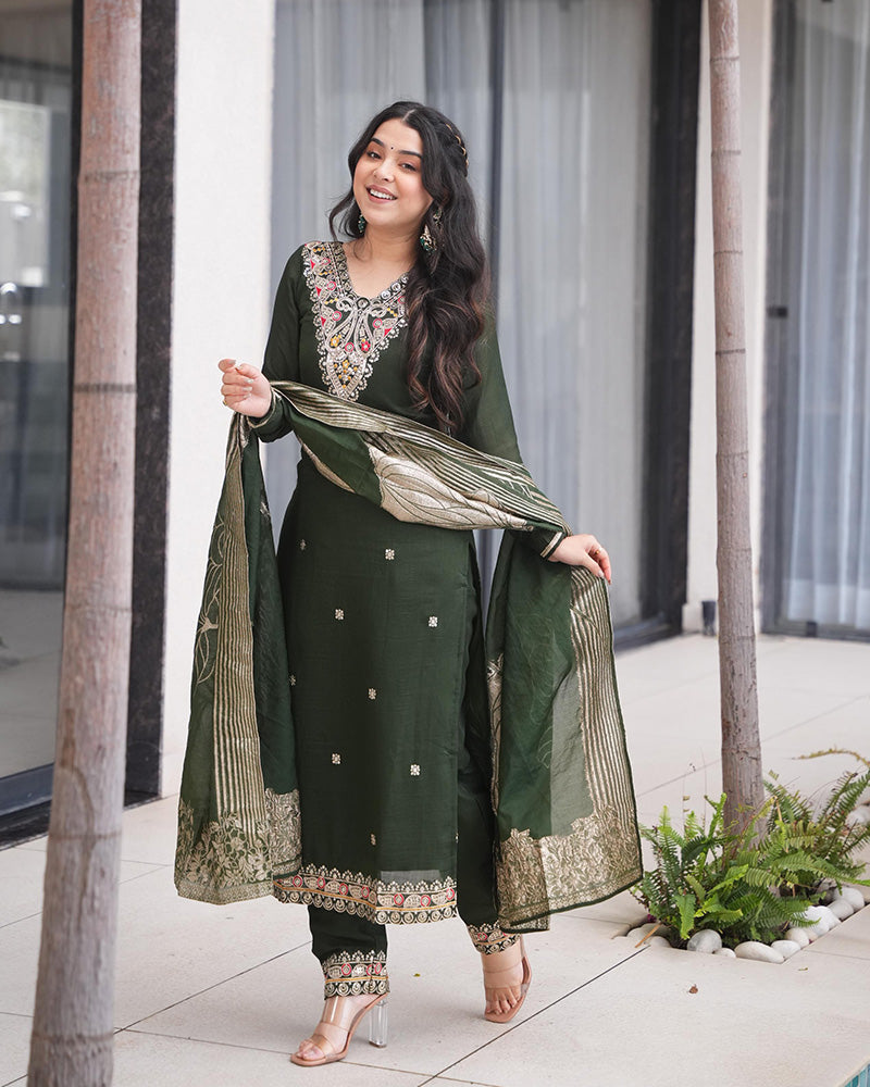 Green Color Roman Silk Embroidered Three Piece Kurti Suit