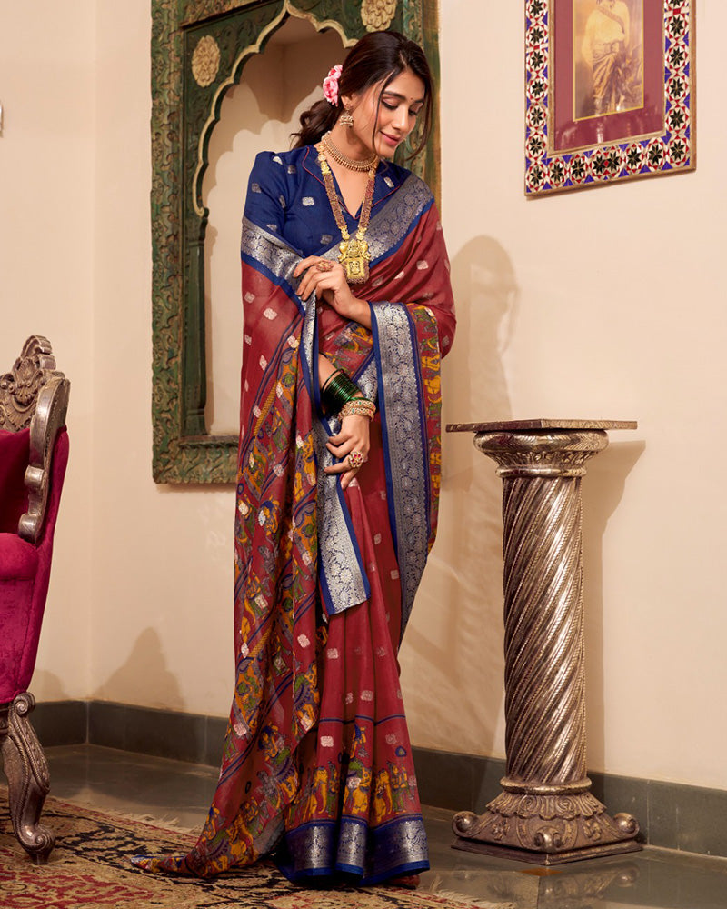 Maroon Color Poly Cotton Kalamkari Print With Zari Work saree