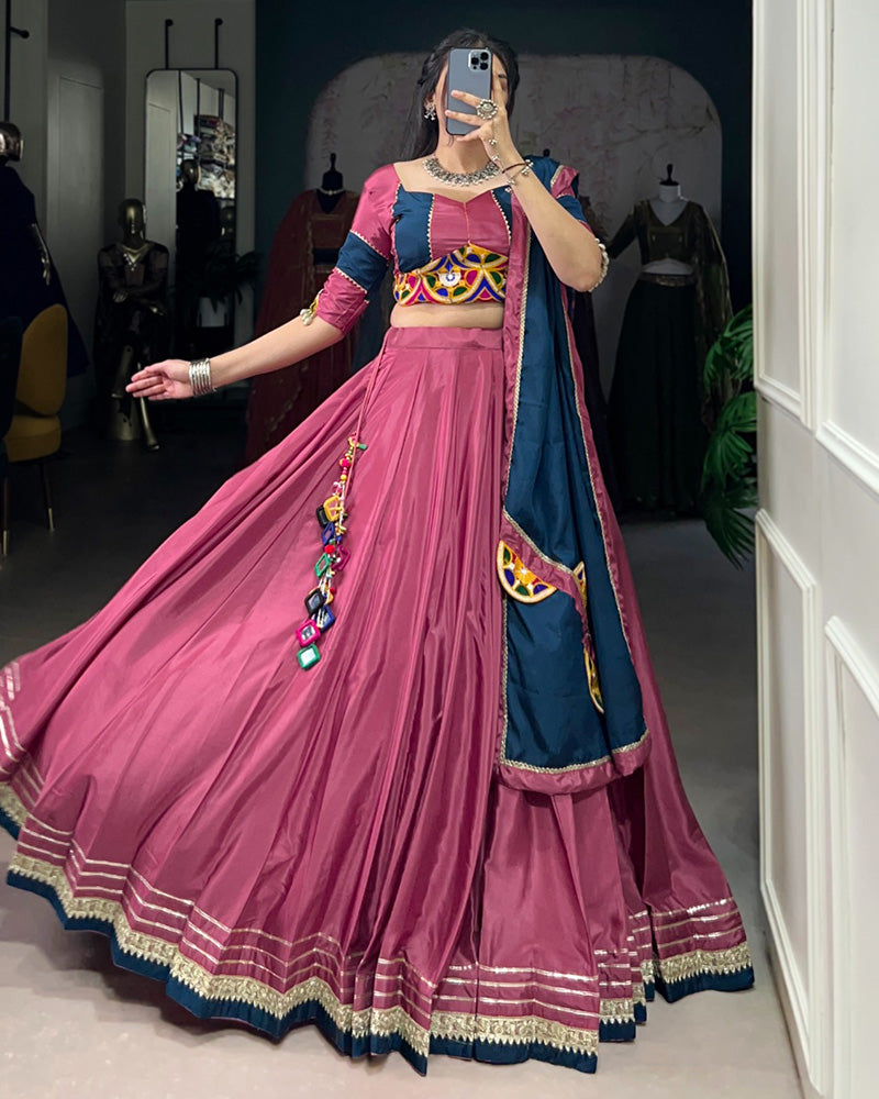 Graceful Pink And Navy Blue Silk Crape Lehenga Choli With Elegant Dupatta