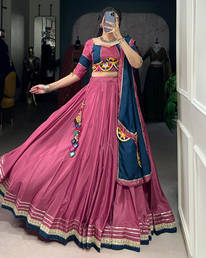Graceful Pink And Navy Blue Silk Crape Lehenga Choli With Elegant Dupatta