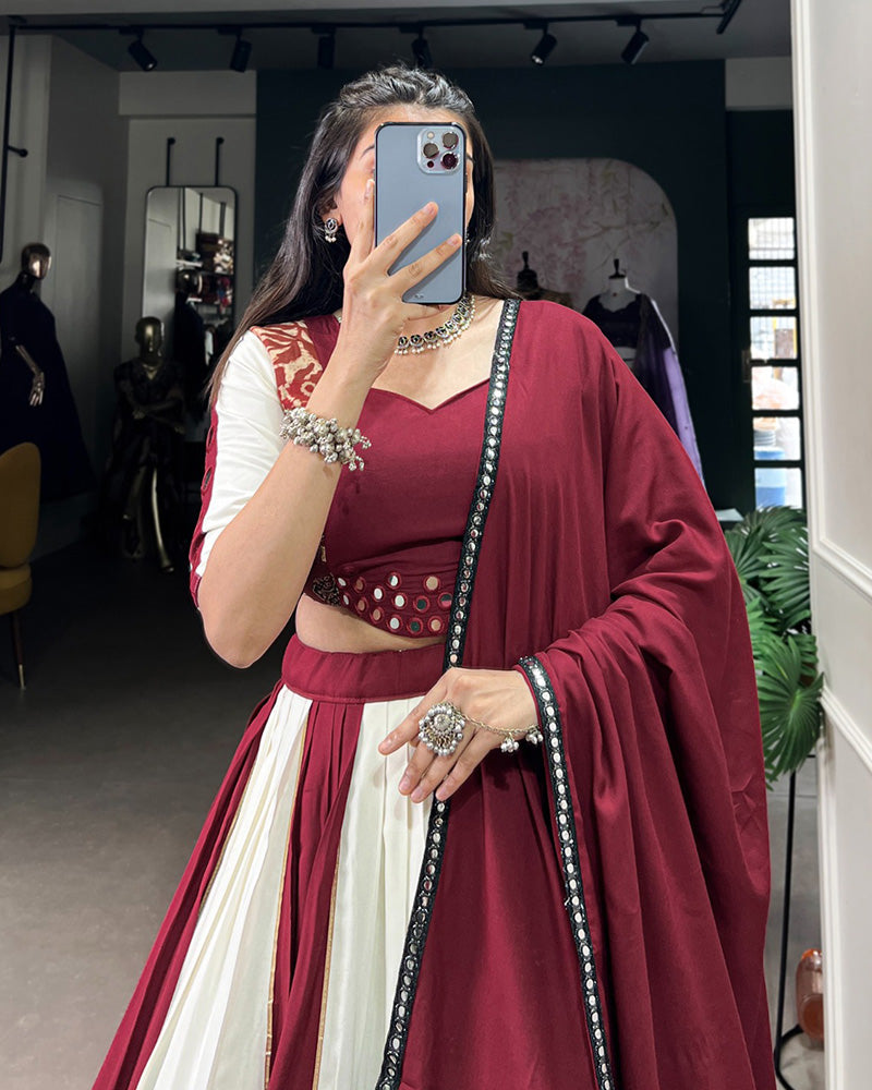White And Maroon Color Rayon Navratri Lehenga Choli