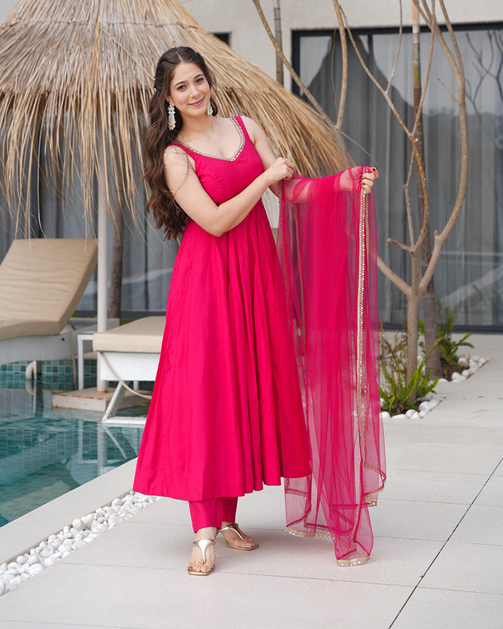 Rani Pink Color Chanderi Pure Roman Silk Anarkali Suit