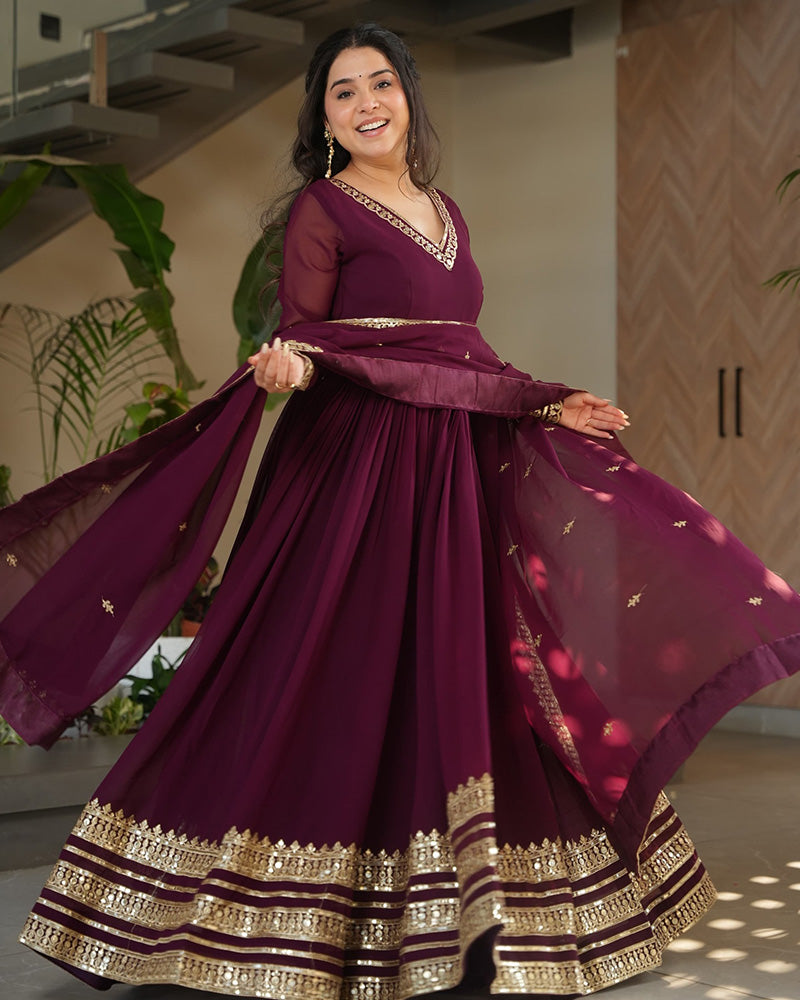 Wine Color Faux Blooming Embroidered Gown With Dupatta