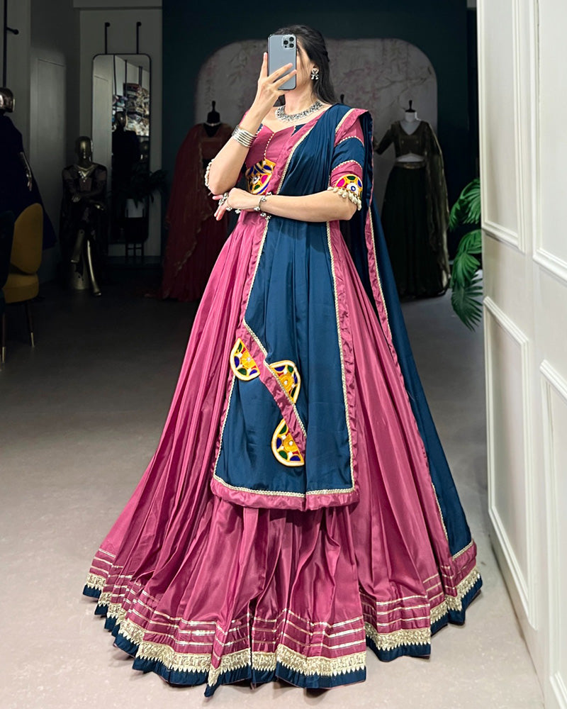 Graceful Pink And Navy Blue Silk Crape Lehenga Choli With Elegant Dupatta