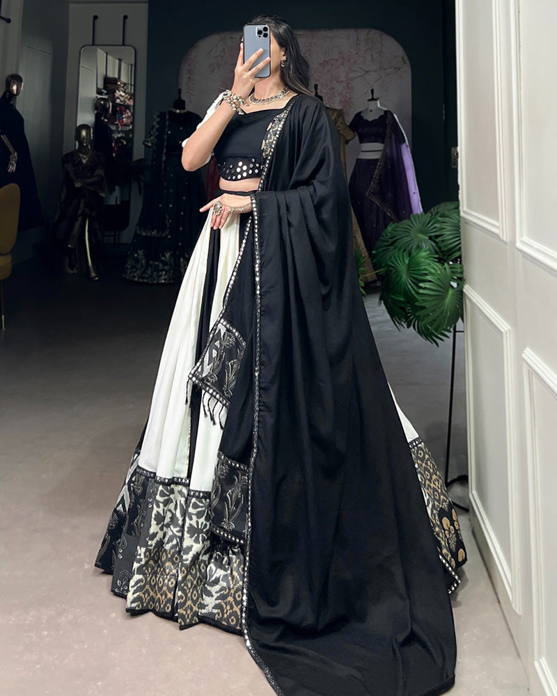 White And Black Color Rayon Navratri Lehenga Choli