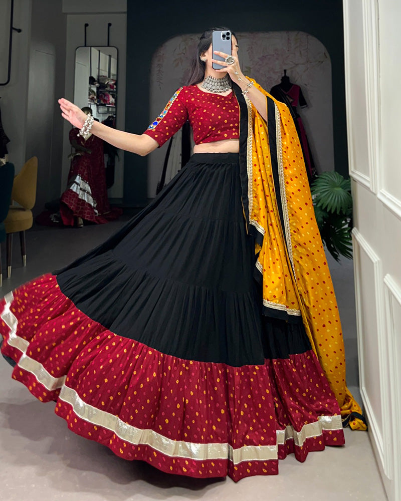 Black Color Rayon And Silk Ruffle Style Navratri Lehenga Choli