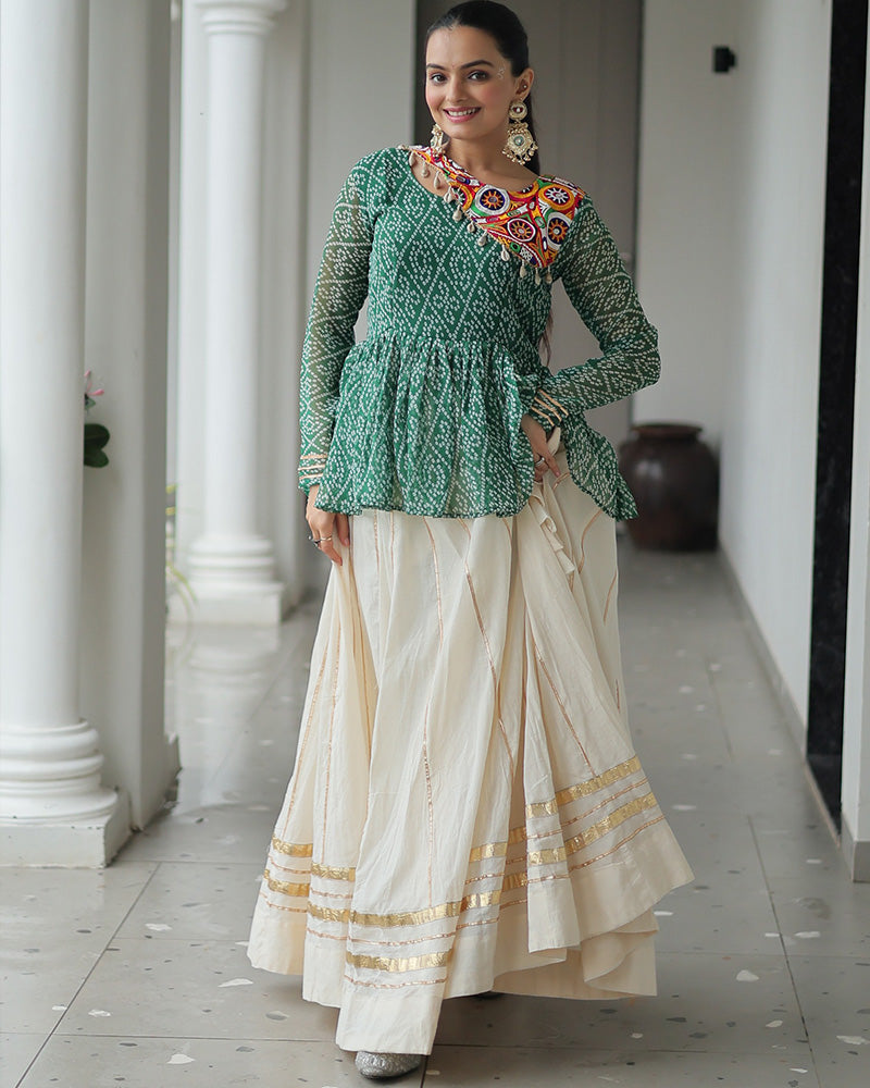 Green Bandhani Style Peplum Choli With Kora Cotton Lehenga
