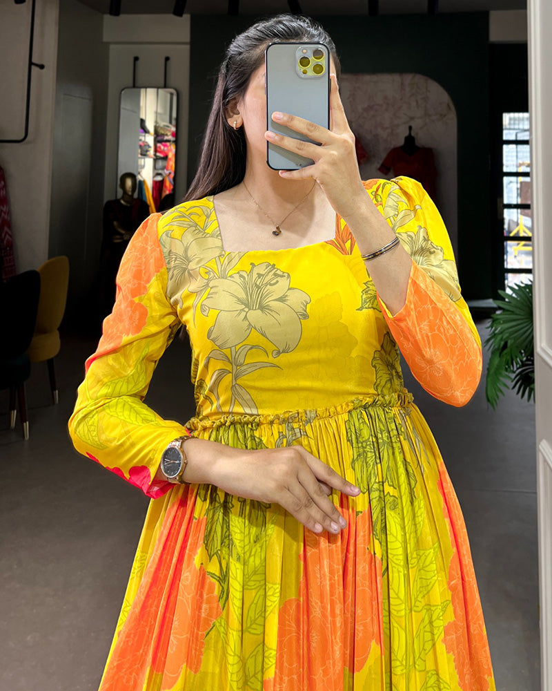 2 Color Crape Silk Floral Printed Gown