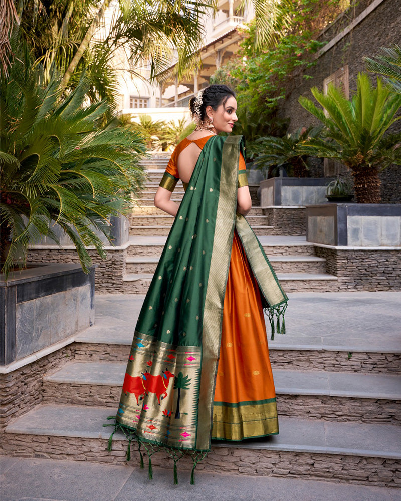 Orange Color Jacquard Silk Zari Weaving Work Lehenga Choli