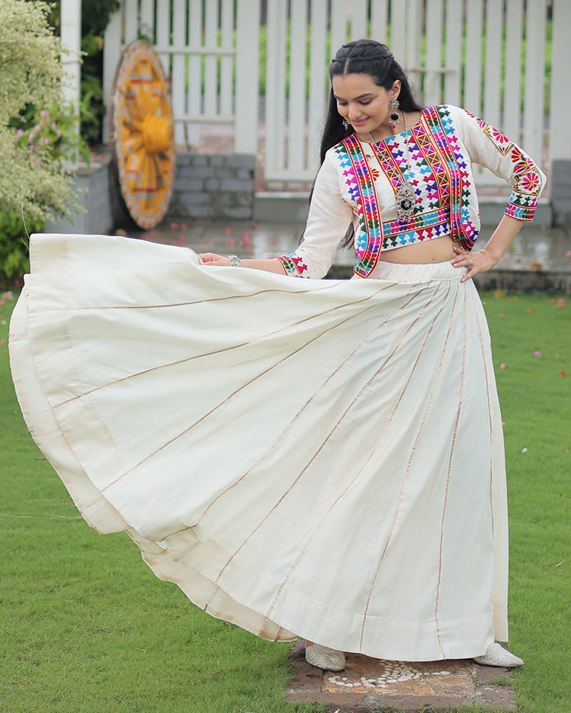 Elegant Off-White Mirror Work Navratri Lehenga With Jacket Style Blouse