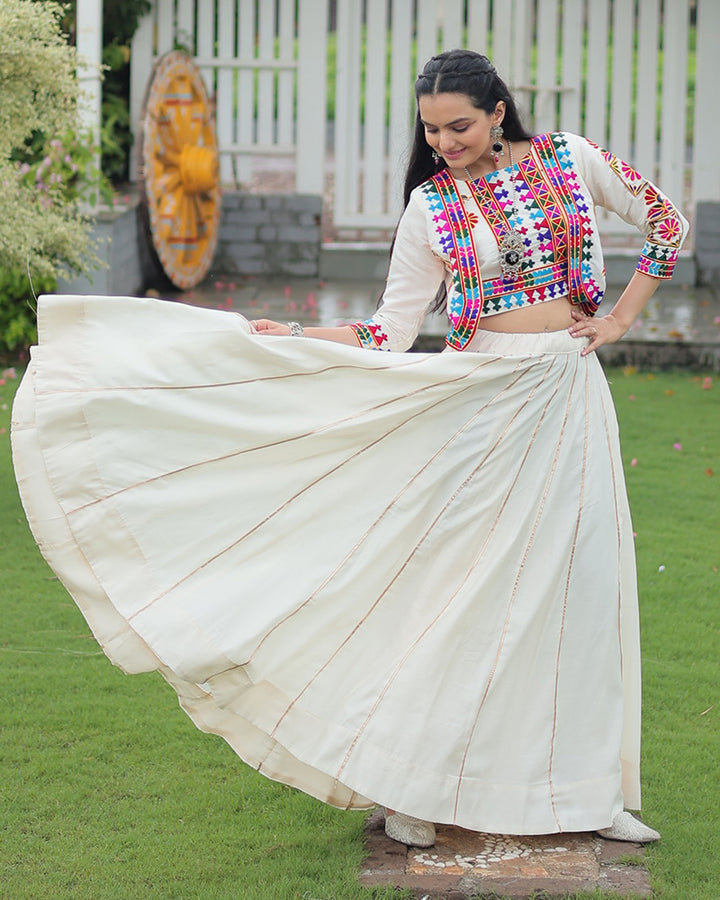 Elegant Off-White Mirror Work Navratri Lehenga With Jacket Style Blouse