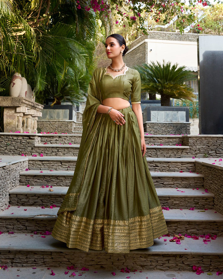 Mehndi Color Pure Chanderi Plain Navratri Half Saree
