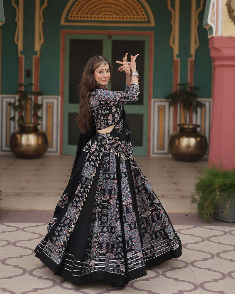 Black Color Rayon Printed Navratri Lehenga Choli