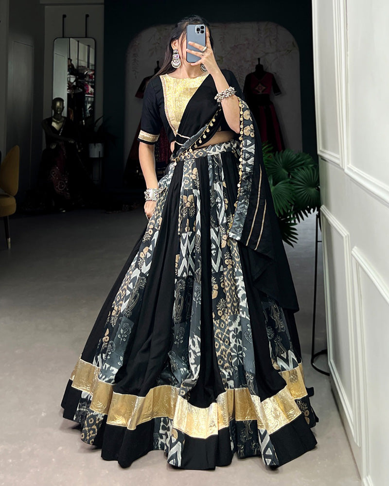 Black Color Rayon And Tussar Silk Navratri Lehenga Choli
